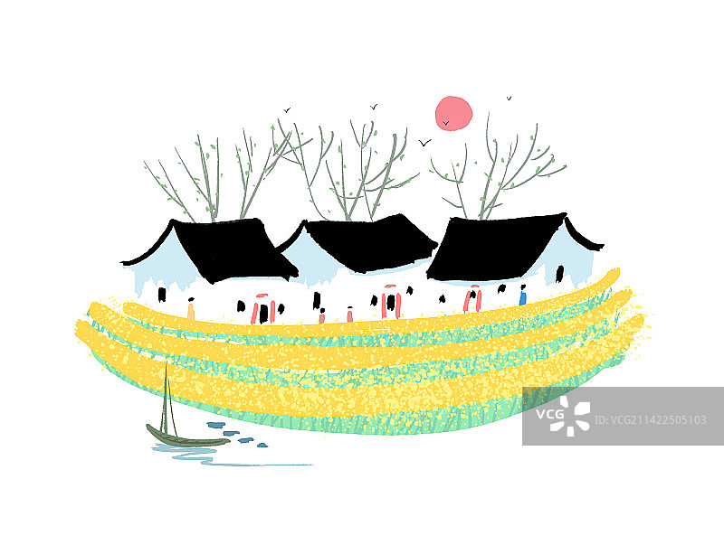 古典水墨画二十四节气之春分江南的油菜花田风景插画图片素材