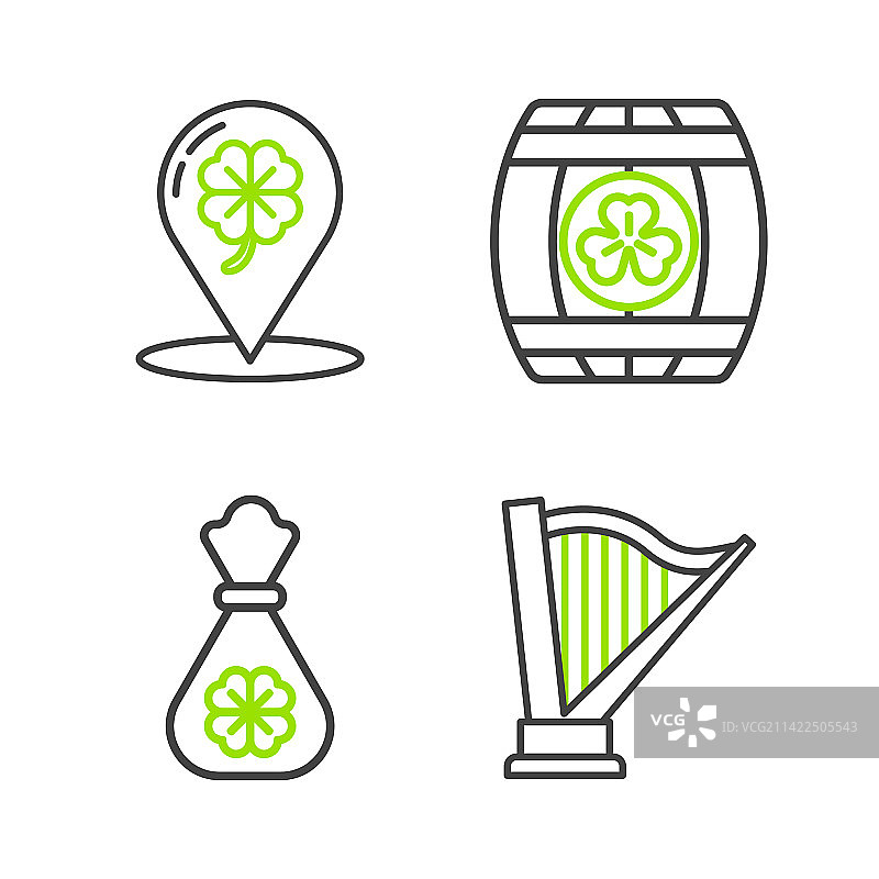 竖琴、钱袋与四叶草线条组合图片素材