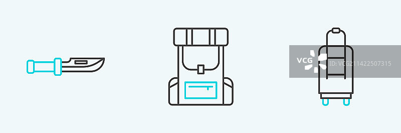 线条集：行李箱、露营刀和远足装备图片素材