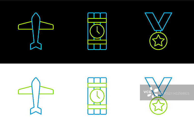 军事装备线性图标：军功奖章、喷气战斗机图片素材