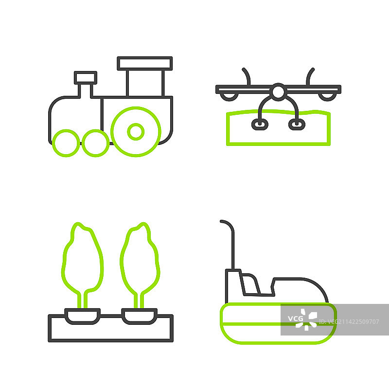 线条图标：碰碰车、森林、跷跷板与玩具火车图片素材