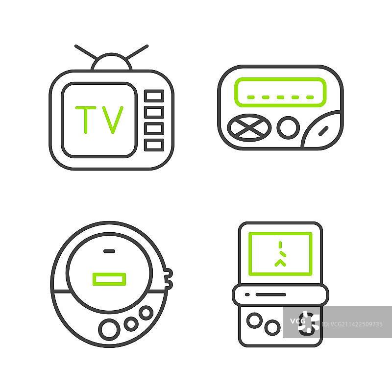 线条：俄罗斯方块、音乐CD播放器、寻呼机和复古元素图片素材