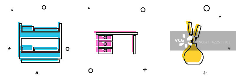 双层床办公桌花瓶图标套装图片素材