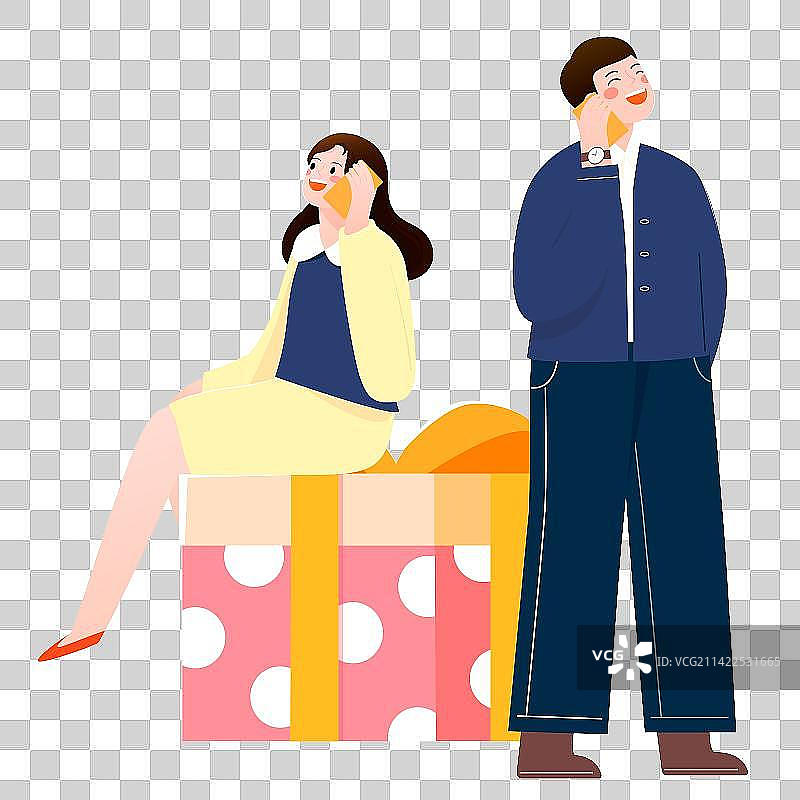 情侣坐在礼物上打电话矢量卡通人物插画元素图片素材