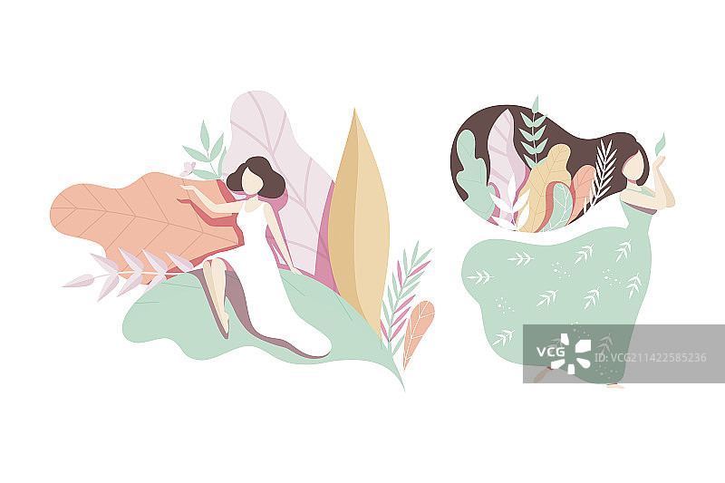 在繁茂的鲜花和绿叶中享受的年轻女人图片素材