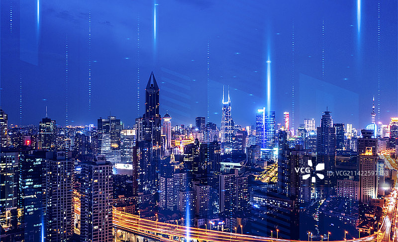 航拍上海黄浦区城市建筑风光夜景大数据科技线条图片素材