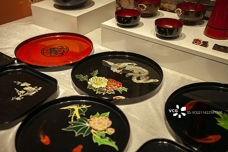 中国四川省成都市漆器展品，漆器，国家级非物质文化遗产，成都漆艺，传承保护，艺术品，工艺品，展品图片素材