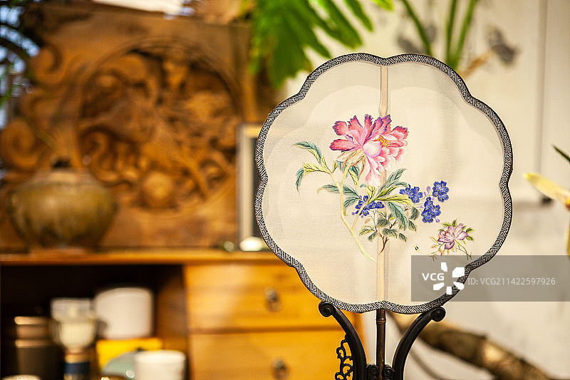 蜀绣团扇，蜀绣扇子，宫扇、纨扇，合欢扇，刺绣，中国四大名绣，国家质检总局地理标志产品，刺绣工艺图片素材