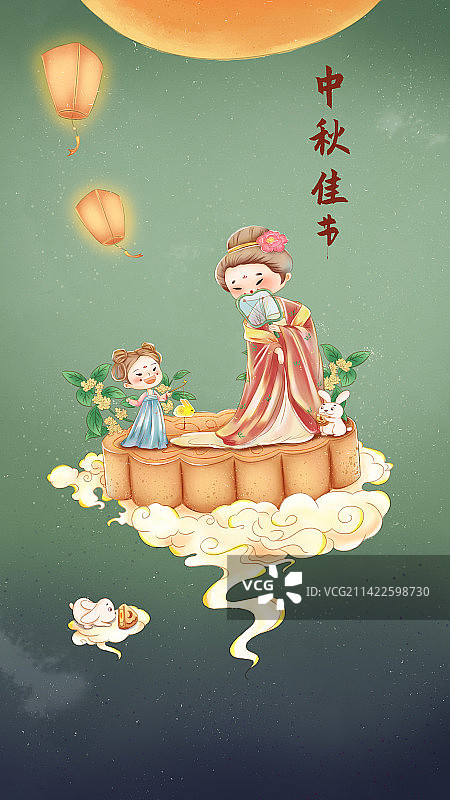 中国传统节日仕女系列插画-中秋节图片素材