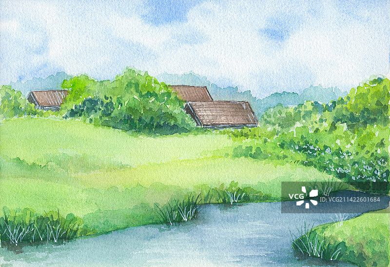 夏天草地水彩手绘风景图片素材