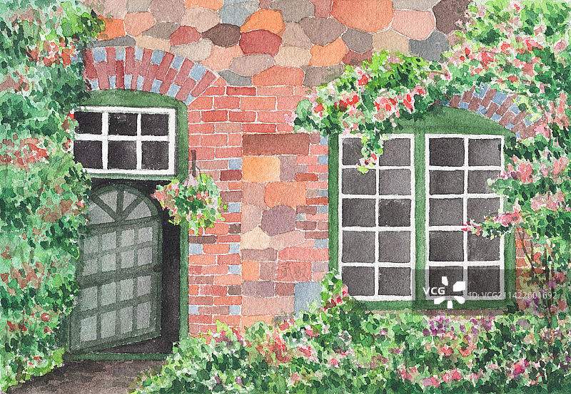鲜花盛开的窗户水彩手绘图片素材
