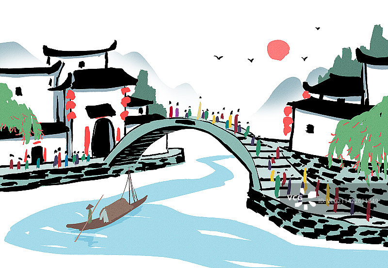 江南水乡春分时节人物与房屋建筑小桥流水风景插画图片素材