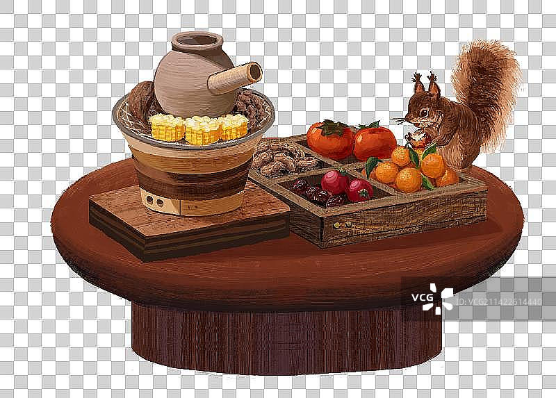围炉煮茶四宫格木质盒子水果花生松鼠偷吃图片素材