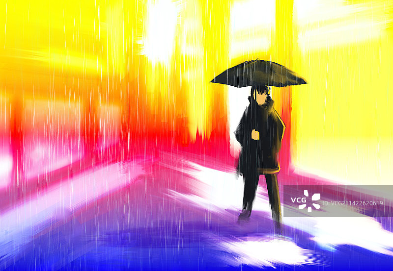 油画街道下雨天打伞路过步行街的行人风景插画图片素材