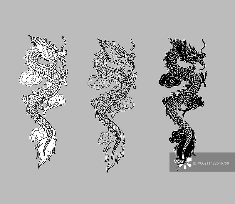古代中国龙黑云纹理纹身图腾细节免抠矢量线条色块logo标志雕刻印章图片素材