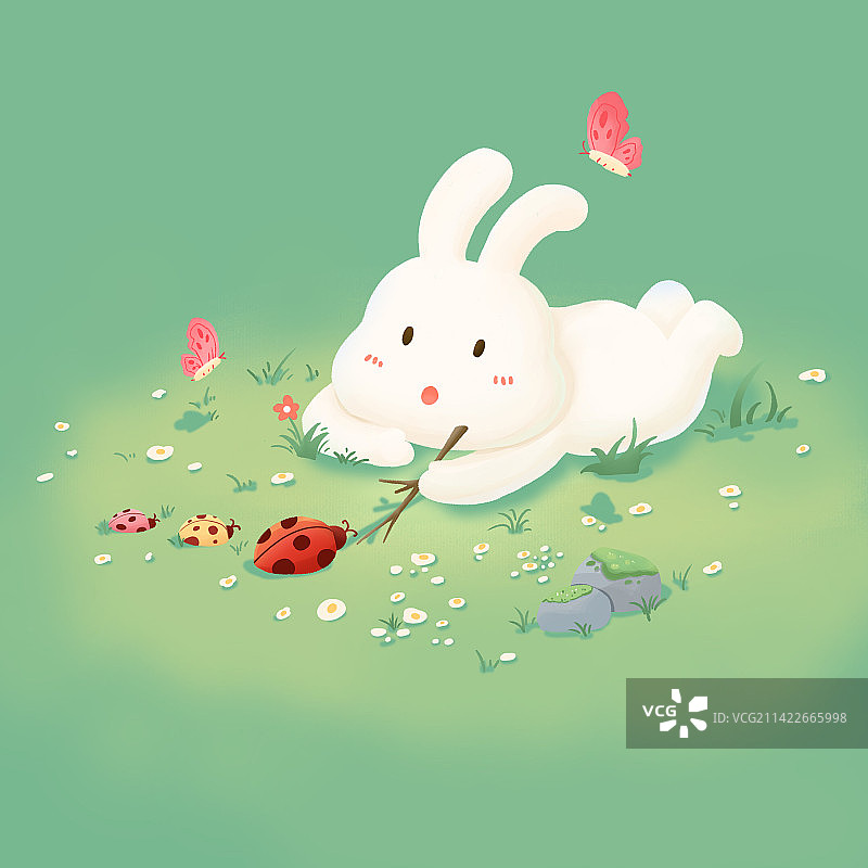 趴在草地上的兔子插画图片素材