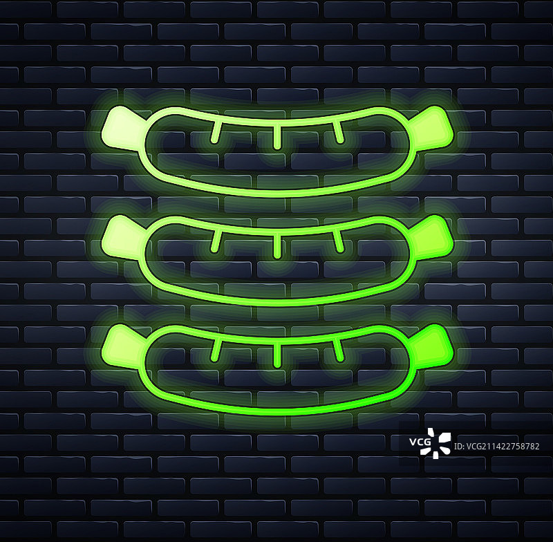 发光的霓虹香肠图标，砖墙背景图片素材