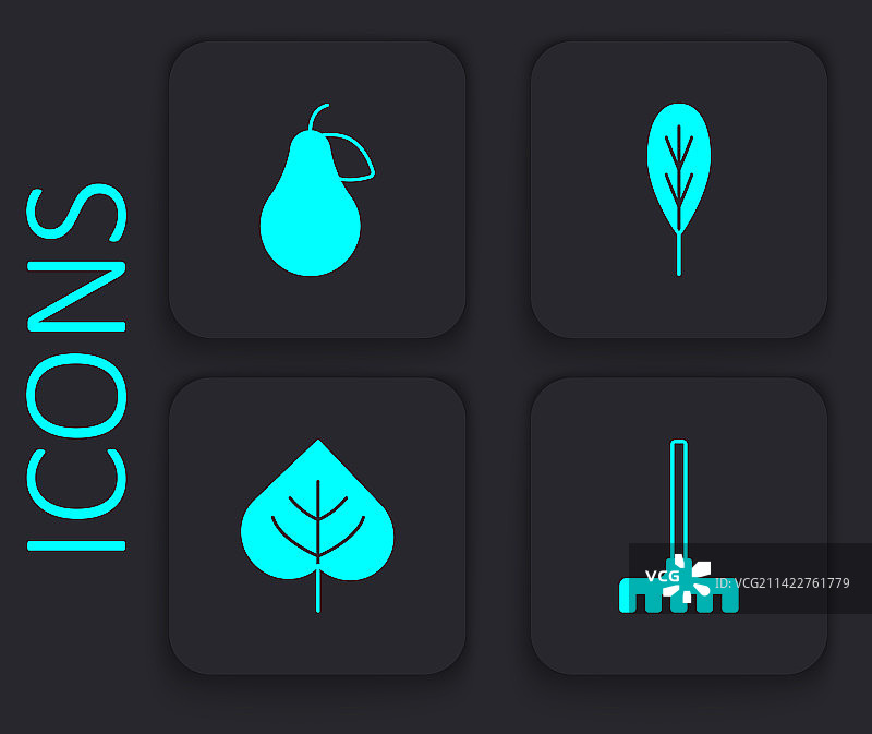 园林耙子、梨叶和黑色方形图标图片素材