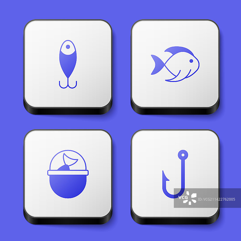 渔具套装：鱼饵、鱼桶、鱼钩图标图片素材