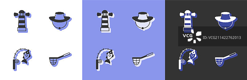 渔网灯塔杆和鱼图片素材