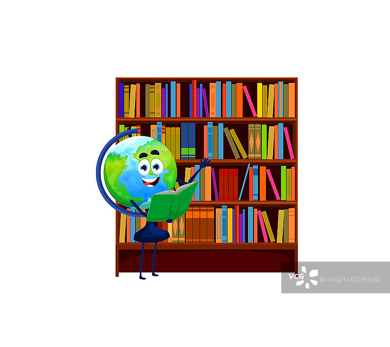 在图书馆看书的卡通地球仪滑稽角色图片素材