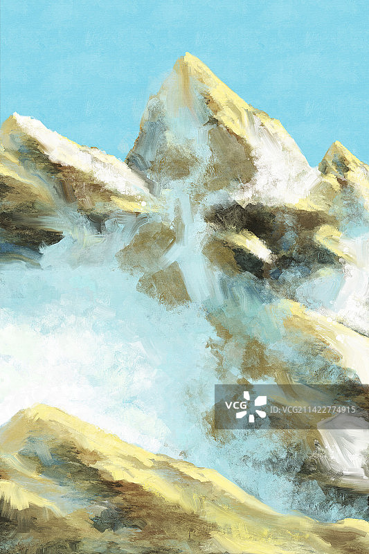 油画风格日照金山冰川雪山风景插画图片素材