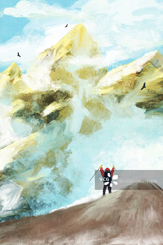 油画风格攀登雪山的勇士欢呼胜利风景插画图片素材