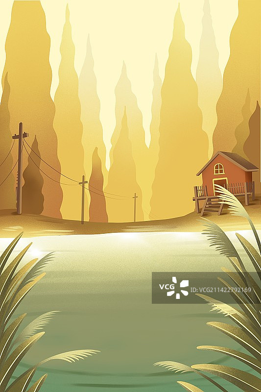 黄昏河边小屋背景图片素材