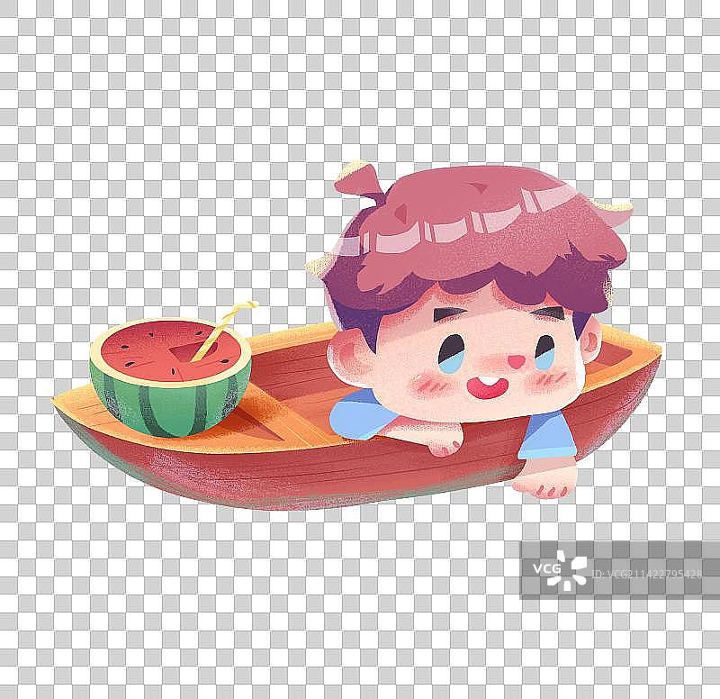 绿色小清新夏日男孩划船插画图片素材