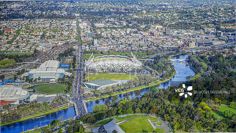 墨尔本公园球场及雅拉河鸟瞰图片素材