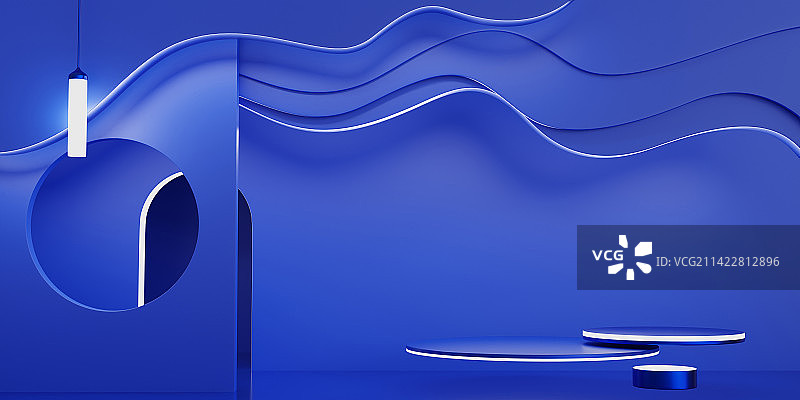 3D简约几何流线墙灯光紫蓝色创意圆展台图片素材