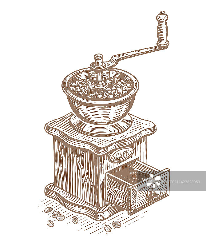 带手柄的旧木制咖啡研磨器图片素材