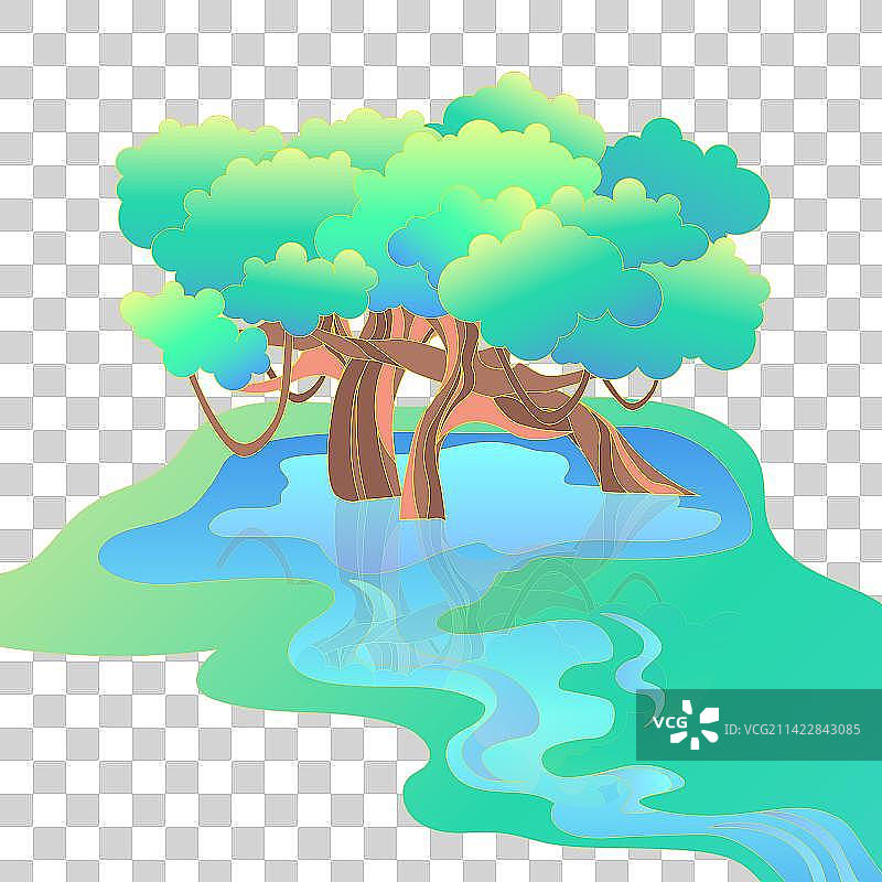 国风公园灌木林树木湖面倒影装饰矢量可编辑素材图片素材