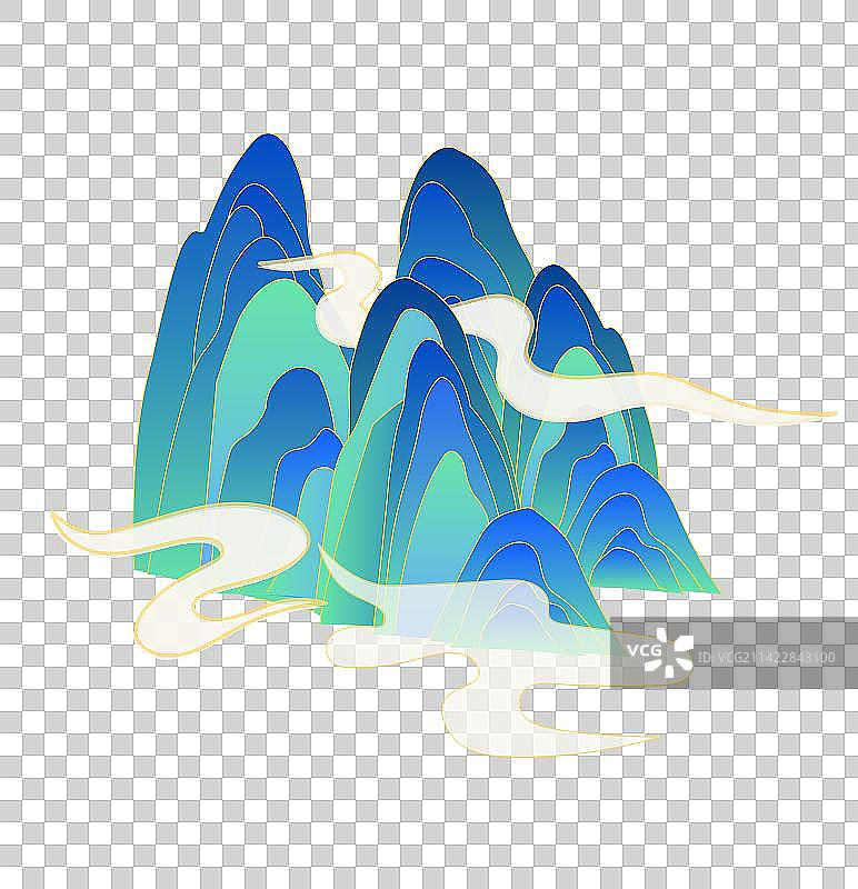 平原青绿群山云烟缥缈国风矢量元素组合可编辑图片素材