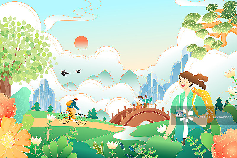 卡通春季出游春游旅游旅行踏青亲子游家人儿童惊蛰春分季节节气农耕古城古建筑中国风国潮渐变矢量插画图片素材