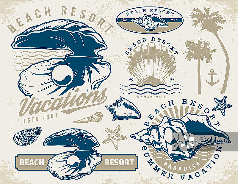 彩色海滩度假村贴纸套装图片素材