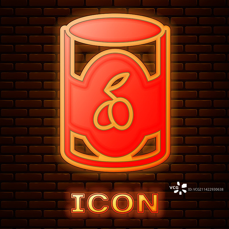 砖墙背景上的发光霓虹罐装橄榄图标图片素材