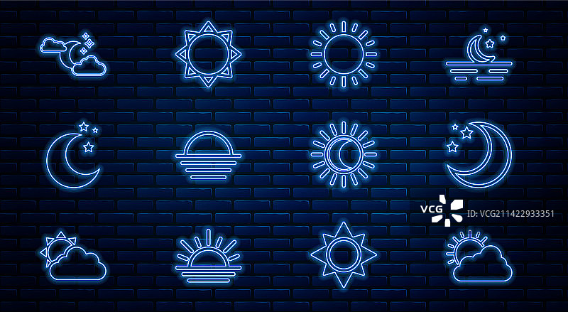 阳光云朵天气、月亮星星和日落线条组合图片素材