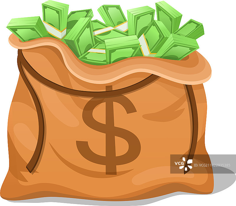 卡通钱袋图标，内含绿色美元纸币图片素材
