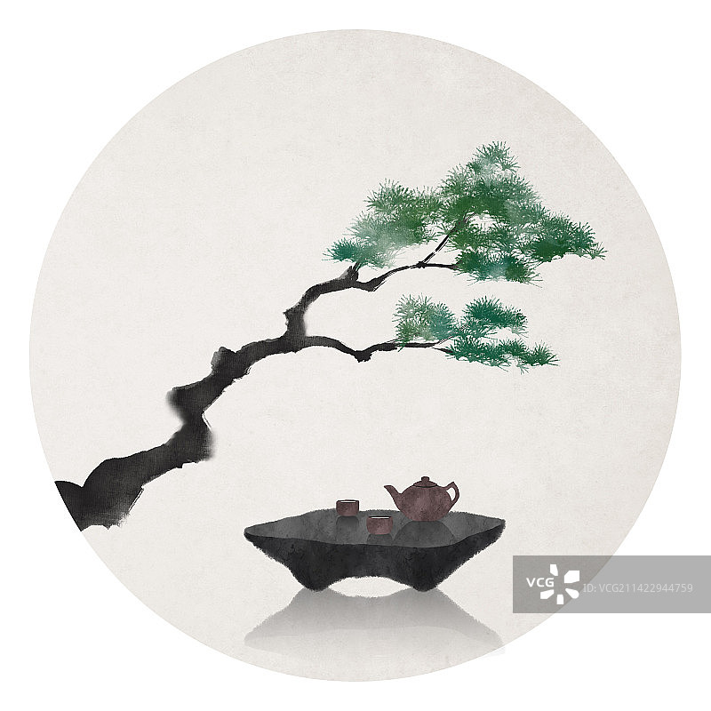 松树下茶中式圆形插画图片素材
