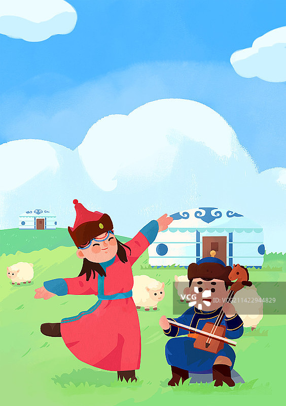 卡通民族服饰蒙古族大草原插画图片素材