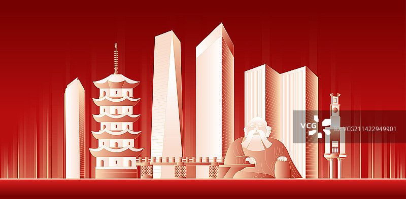 泉州城市红色科技建筑插画图片素材