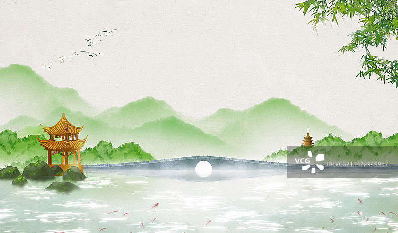 西湖春天古风插画图片素材