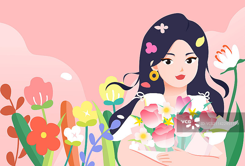 美丽女孩手捧鲜花矢量插画横版图片素材