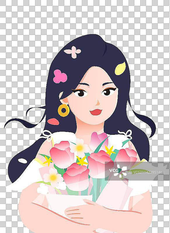 捧着鲜花的长发女孩元素图片素材