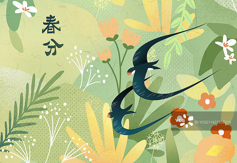 二十四节气春分燕子植物花朵插画图片素材