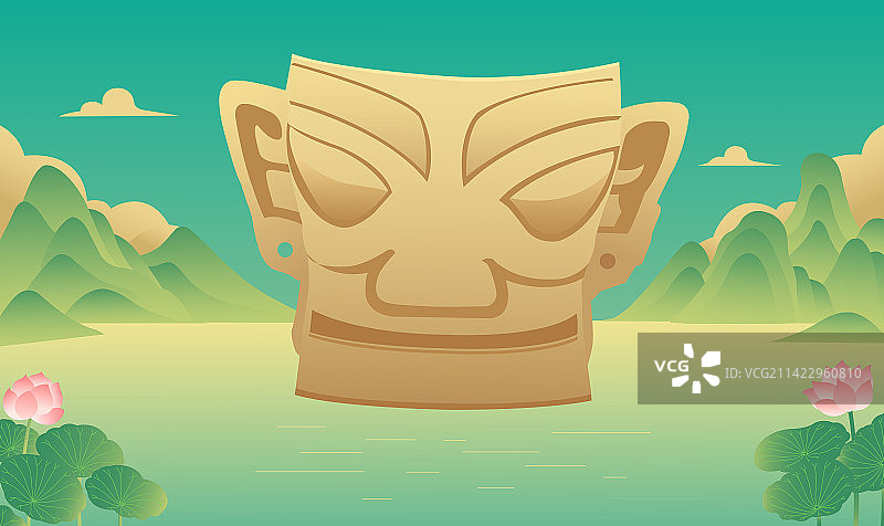 绿金三星堆青铜人面具矢量插画，山水荷花，春天夏天旅游考古历史人文地理，四川古文化三星堆考古黄金面具图片素材