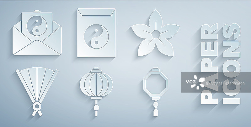 中式纸灯笼与荷花剪纸图片素材