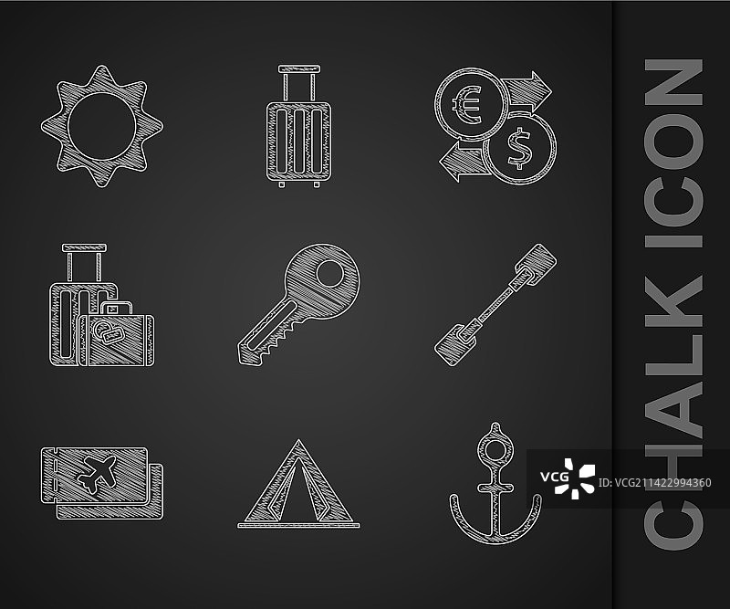 钥匙、旅行帐篷、船锚、船桨与飞机图片素材