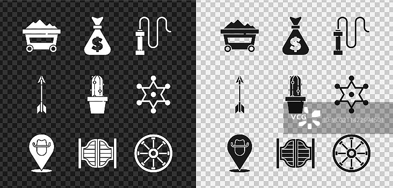 煤矿、矿车、钱袋与皮鞭图标集图片素材